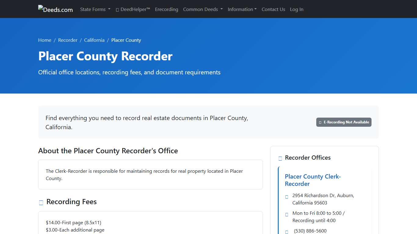 Placer County Recorder Information, California - Deeds.com